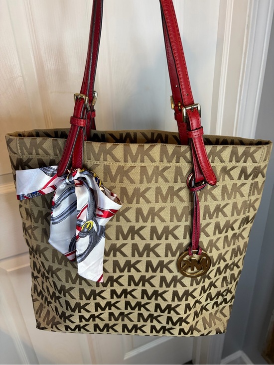 Michael Kors Handbags - Michael Kors Tan MK Logo Tote with Red Handles